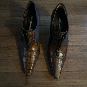 Vintage Donald J Pliner Brown Crocodile Pointed Toe Kitten Heel Booties 6.5